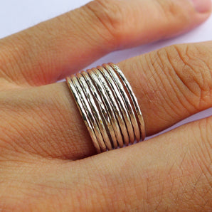 9pcs Set Ladies 925 Sterling Silver Hammered Stackable Ring