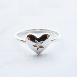 Ladies 925 Sterling Silver Heart shape Star Stackable Ring