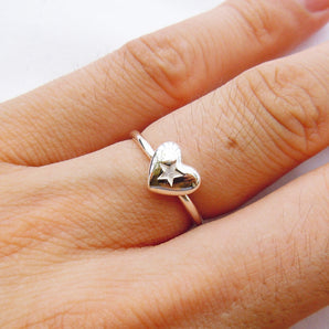 Ladies 925 Sterling Silver Heart shape Star Stackable Ring