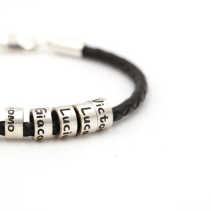 Tailor-Made Sterling Silver Leather Beads Bracelet,Personalized Name Beads Bracelet,Custom-Engraved Family Names Beaded Bracelet