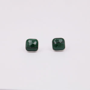 Silver Green Malachite in Square Shape Stud Earrings