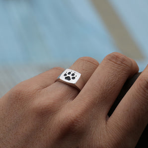 925 Sterling Silver Black Bear Footprint Signet Ring