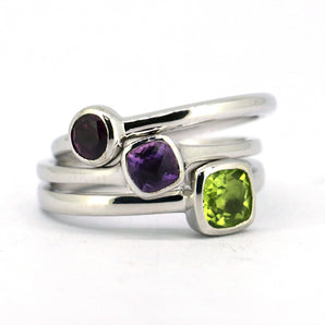 3 Pieces Set Ladies Silver Peridot Amethyst Garnet Gems Stackabke Rings