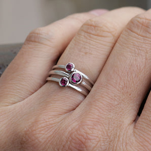 3pcs Set Ladies 925 Sterling Silver Garnet Gems Stackable Ring