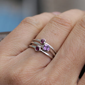 3pcs 925 Silver Amethyst and Garnet Gems Stacking Ring Set