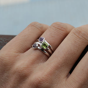 3 Pieces Set Ladies Silver Peridot Amethyst Garnet Gems Stackabke Rings