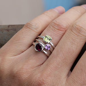 3 Pieces Set Ladies Silver Natural Gems Stackabke Rings