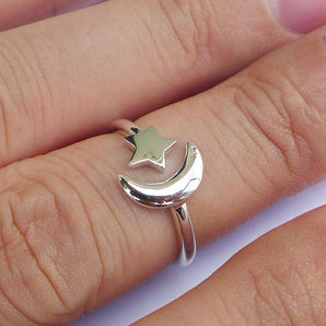 Ladies 925 Sterling Silver Moon and Star Ring