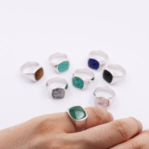 Sterling Silver Malachite Gemstone Signet Rings For Men